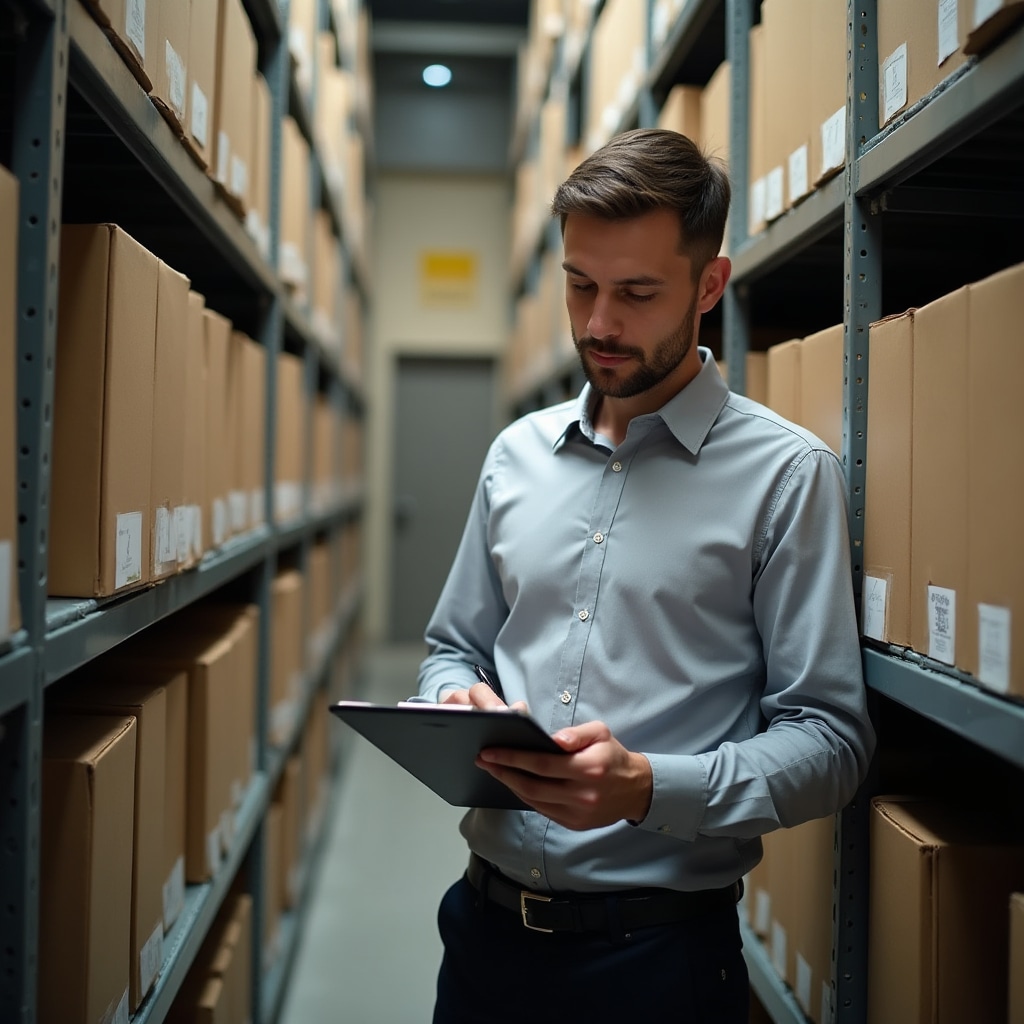 Tecnico durante l'analisi preliminare dell'archivio cartaceo del cliente